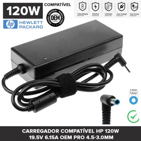 Carregador Compatível HP 120W 19.5V 6.15A OEM PRO 4.5-3.0mm