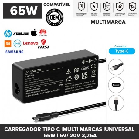 Carregador Tipo C |Multi Marcas| Universal | 65W | 5V/ 20V 3,25A