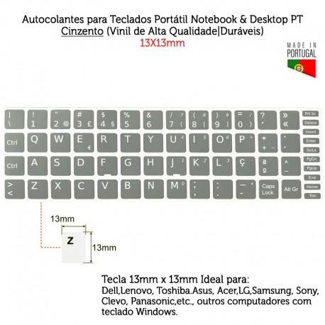 Teclas Autocolantes para Teclados Portátil & Desktop PT Cinzento-Silver (Vinil de Alta Qualidade|Duráveis) 13x13mm